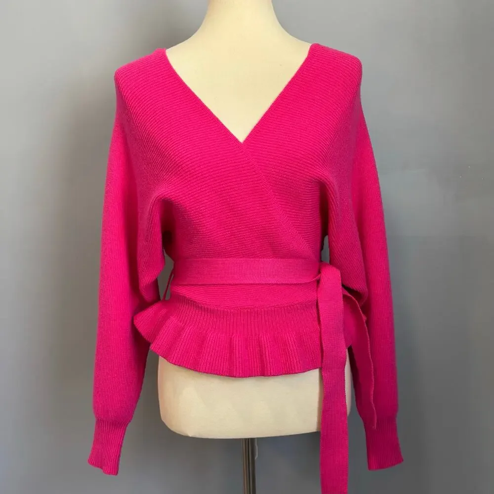 Lulus Hot Pink Barbiecore Wrap Sweater Coquette Ruffle Hem Balletcore Preppy S - Picture 6 of 8